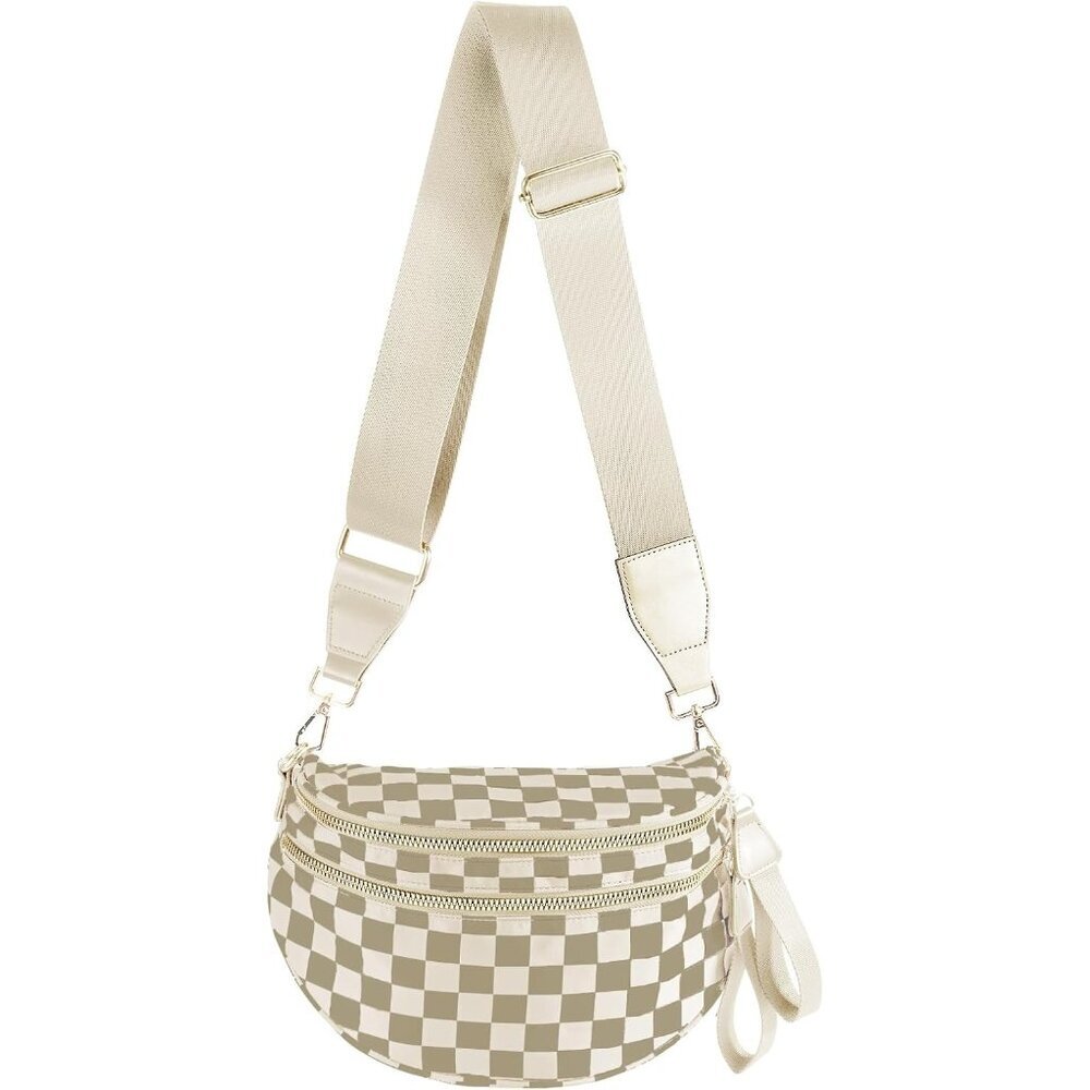 〽️Women's Khaki Beige Nylon Checkered Adjustable Straps Zipper Crossbody Bag